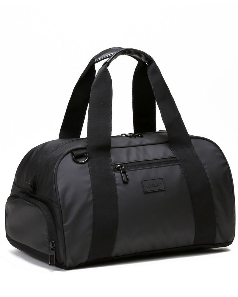 Front view of matte black burner duffel bag