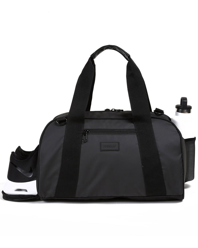 Front view of matte black burner duffel bag with drink bottle holder