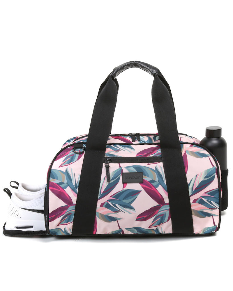 Front view of botanic pink burner gym duffel bag showing shoe compartment and drink holder