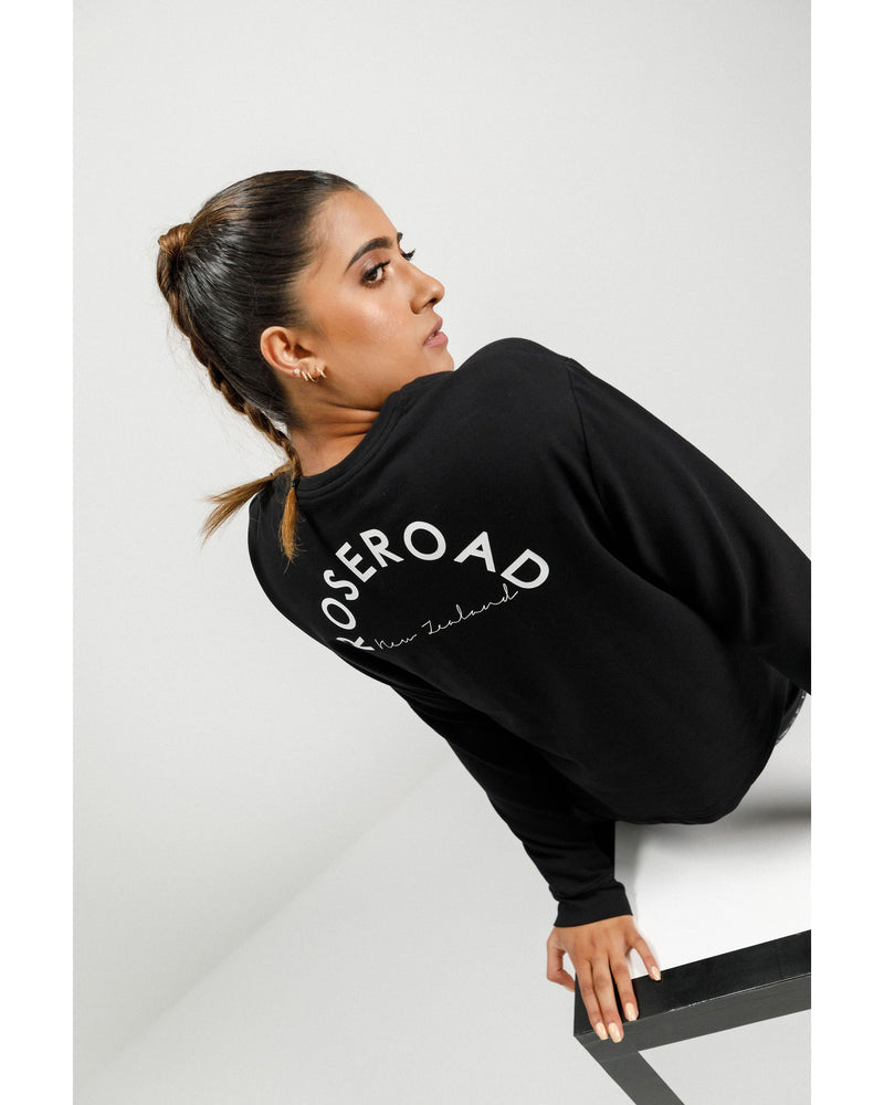 Rose-Road-Long-Sleeve-Cropped-Tee-Black-with-Rose-Road-NZ-Print-back