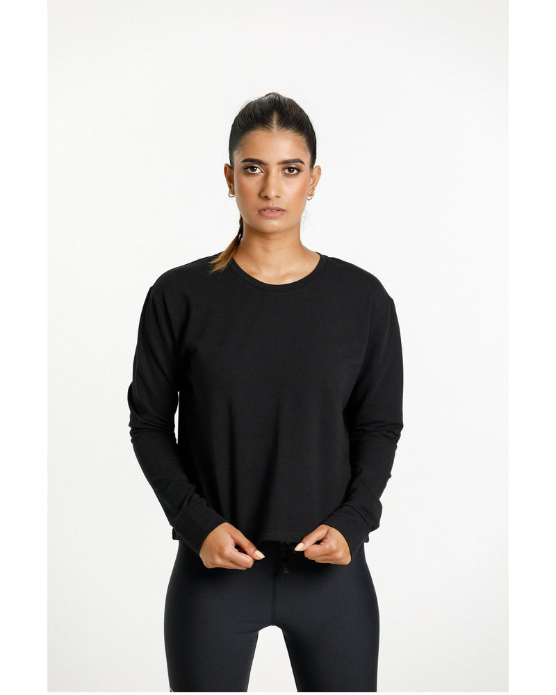Rose-Road-Long-Sleeve-Cropped-Tee-Black-with-Rose-Road-NZ-Print-front