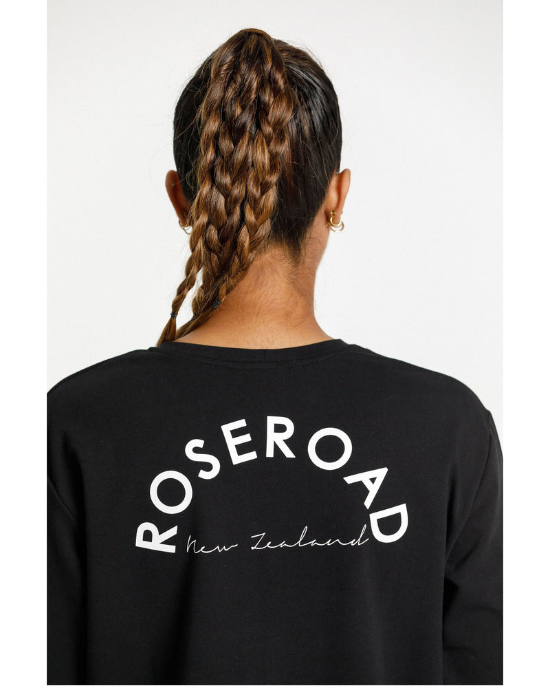 Rose-Road-Long-Sleeve-Cropped-Tee-Black-with-Rose-Road-NZ-Print-back