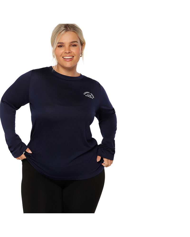 lorna-jane-lotus-long-sleeve-top-french-navy-front-view