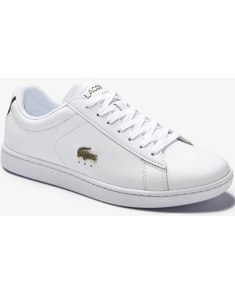 Side/front view of Lacoste carnaby evo white leather sneaker with gold alligator