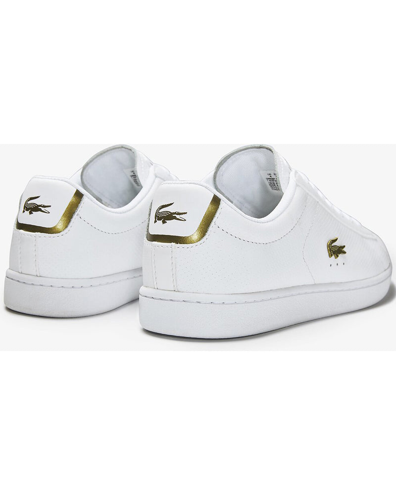 Back view of Lacoste carnaby evo white leather sneaker with gold alligator on side and back