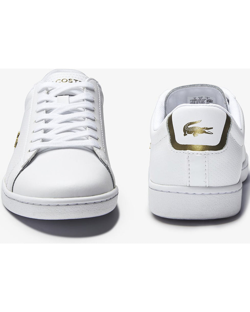 Front and back view of Lacoste carnaby evo white leather sneaker with gold alligator