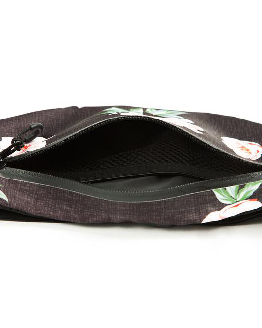 View of opened zip on rose black active fanny pack