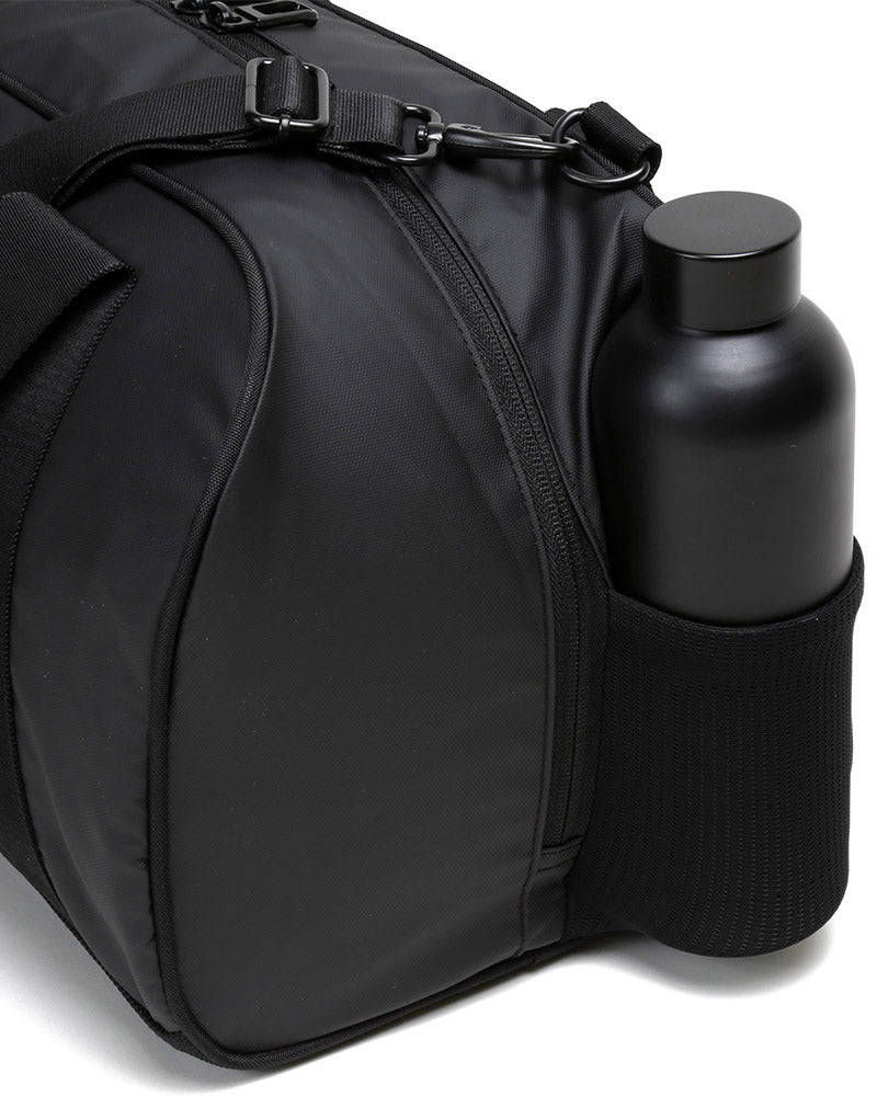 Side view of bottle holder for matte black burner gym duffel bag
