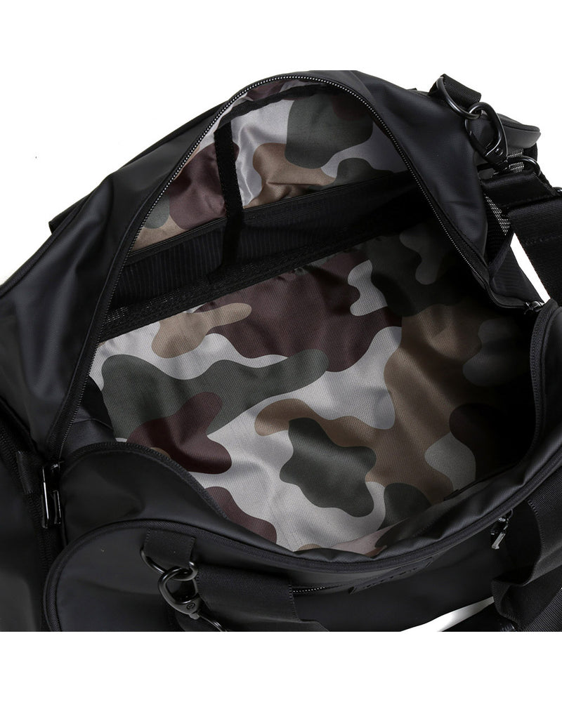 Inside camo lining of matte black burner gym duffel bag