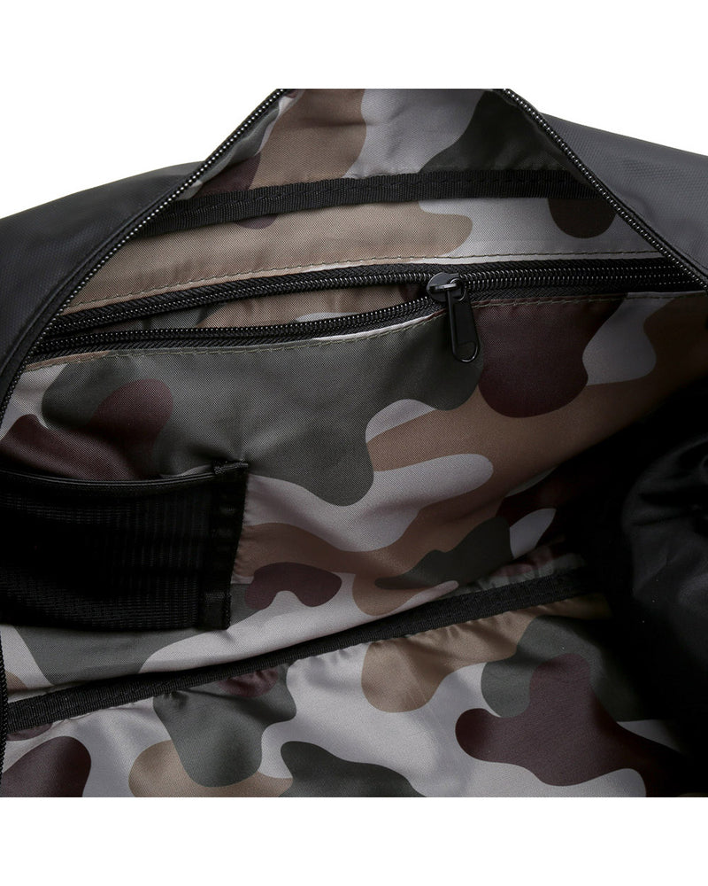 Zip opened view of matte black burner gym duffel bag showing camo lining