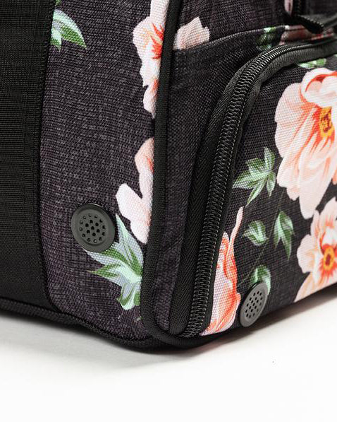Close up view of side zip of rose black burner gym duffel bag
