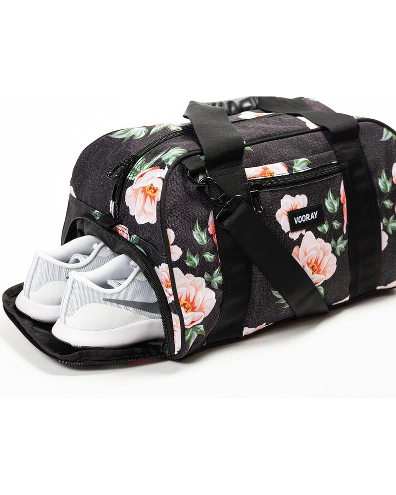 Shoe compartment of rose black burner gym duffel bag