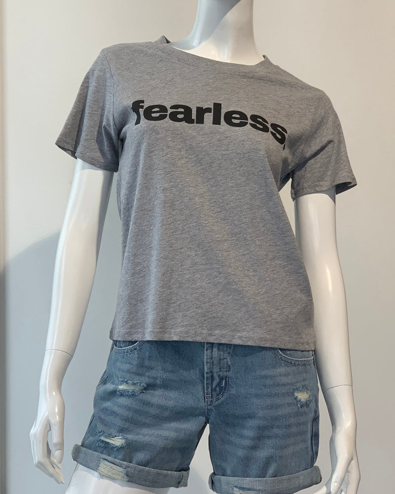 Front view of Image of Grey Marle Fearless tee on mannequin