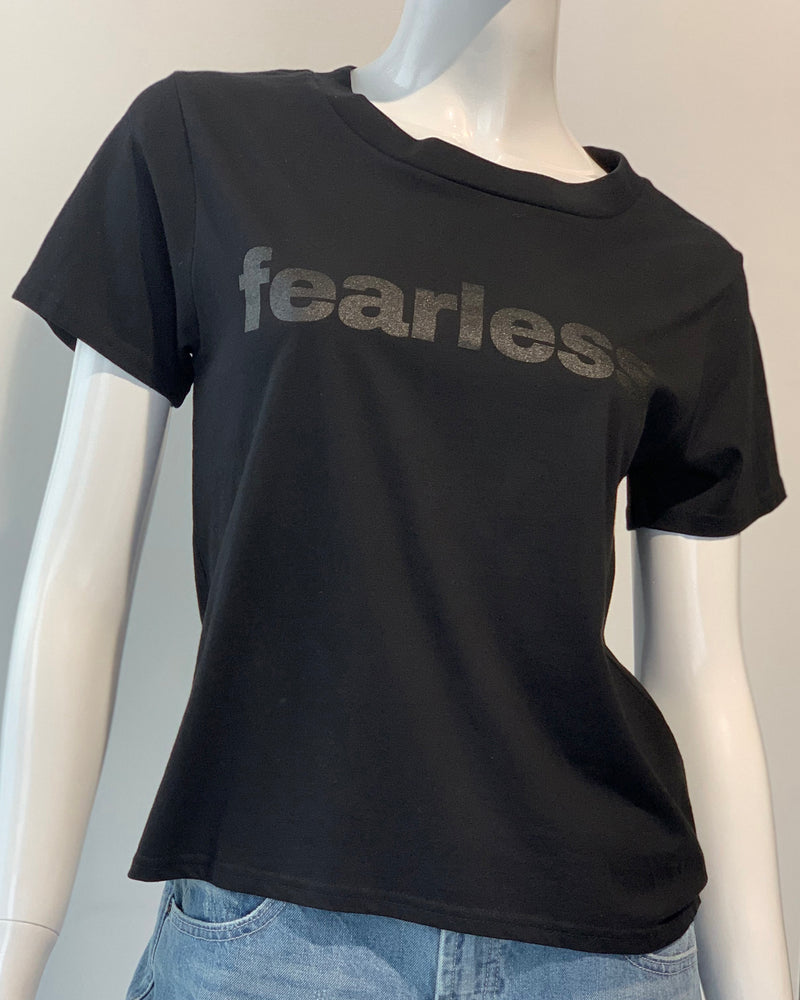 Front view of image of Black/Black Fearless tee on mannequin