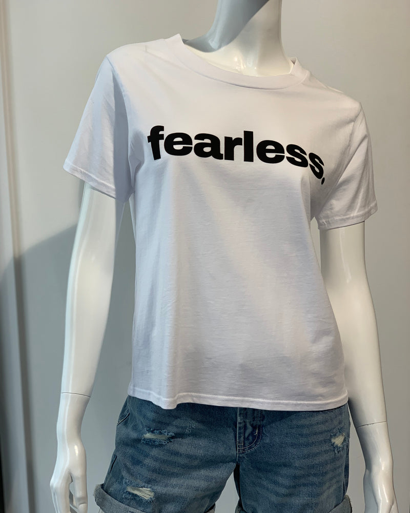 Front view of image of White Fearless tee on mannequin