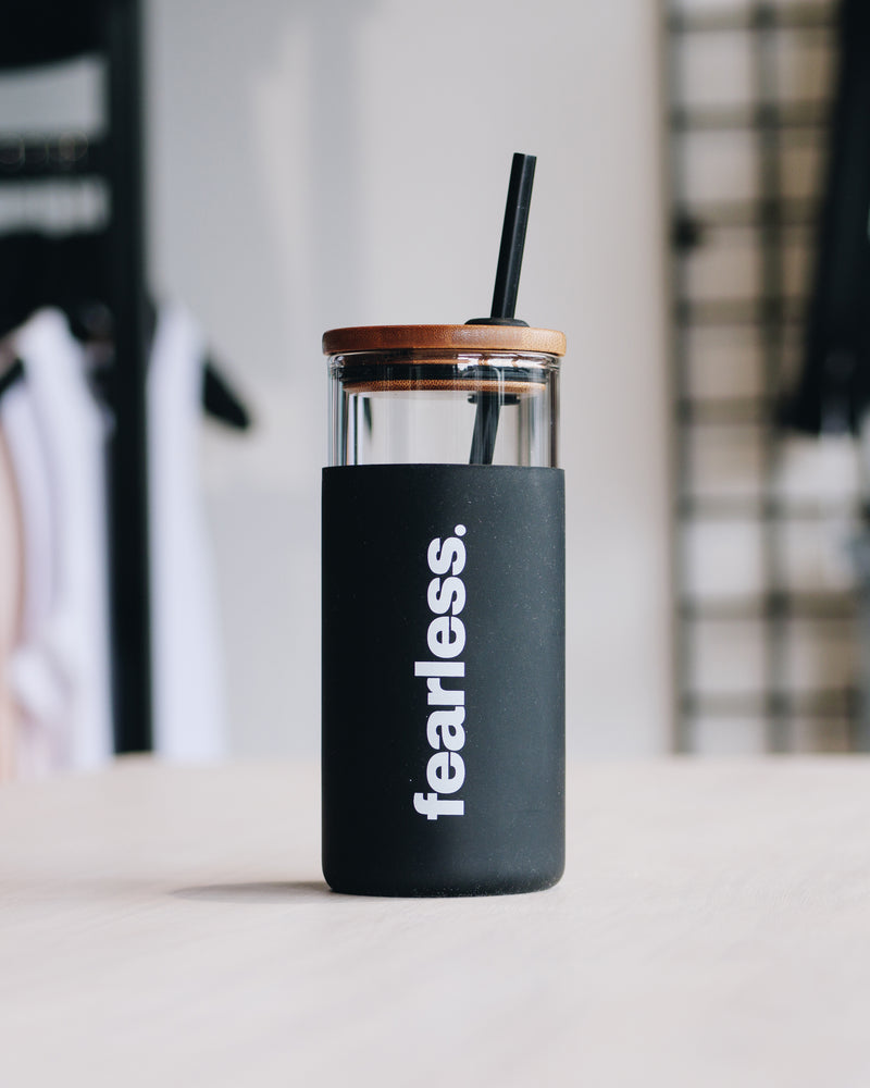 Front view of Fearless Envy Glass Drink Bottle in Black