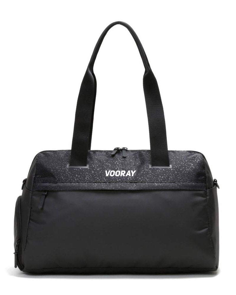 Front view of black foil trainer duffel bag