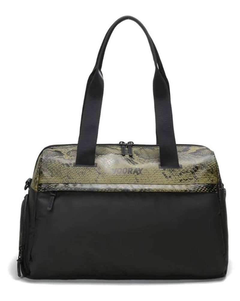 Front view of olive snakeskin trainer duffel bag