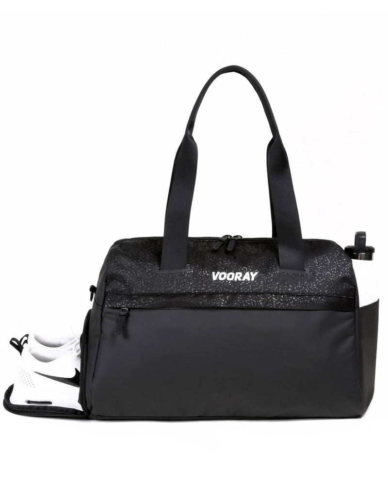 Front view of black foil trainer duffel bag showing shoe compartment and drink bottle holder