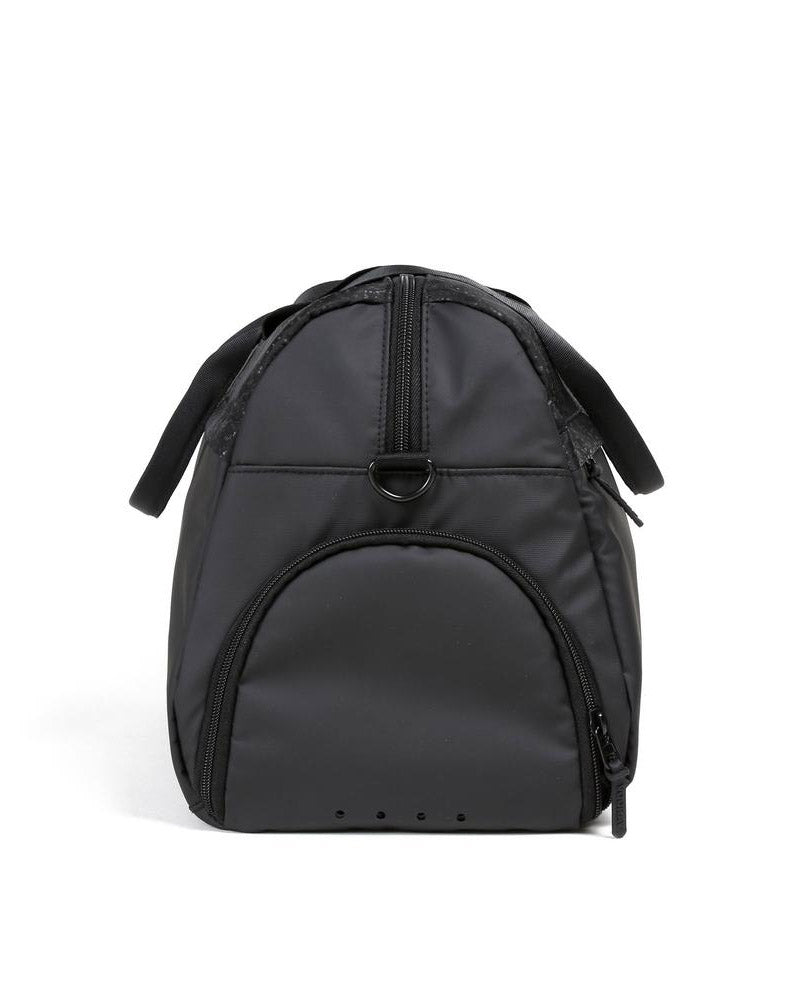 Side view of black foil trainer duffel bag showing shoe compartment