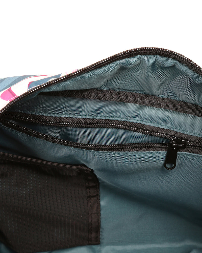 Inside zip of botanic pink burner gym duffel bag