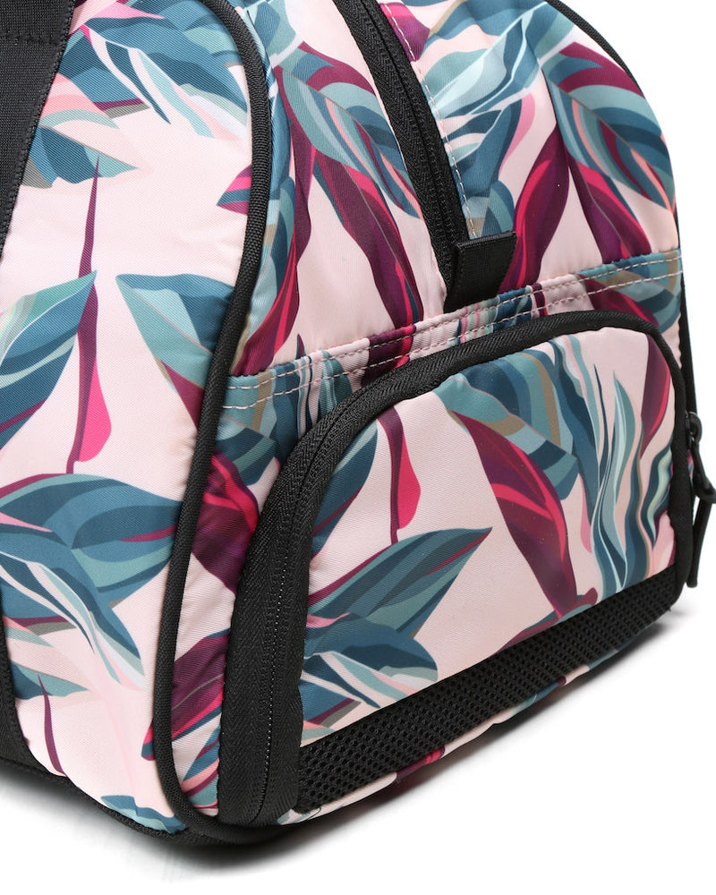 Side view of shoe compartment botanic pink gym burner duffel bag